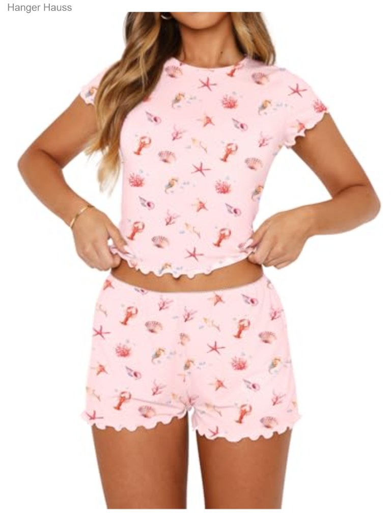 Floral Graphic Crop Top & Shorts Pajama Set Summer Sleepwear Lounge Set